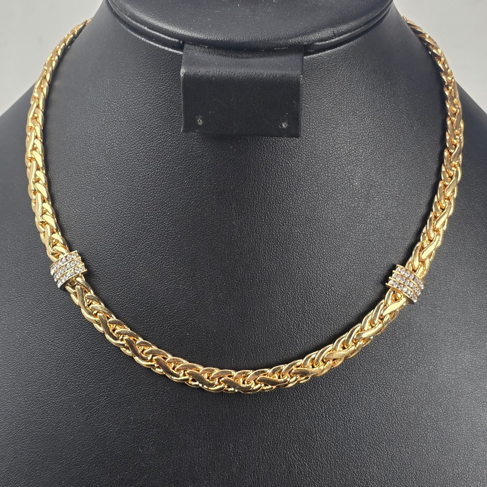 Gold-Tone Braided Byzantine Wheat Chunky Chain Necklace W/ Rhinestone Crystal